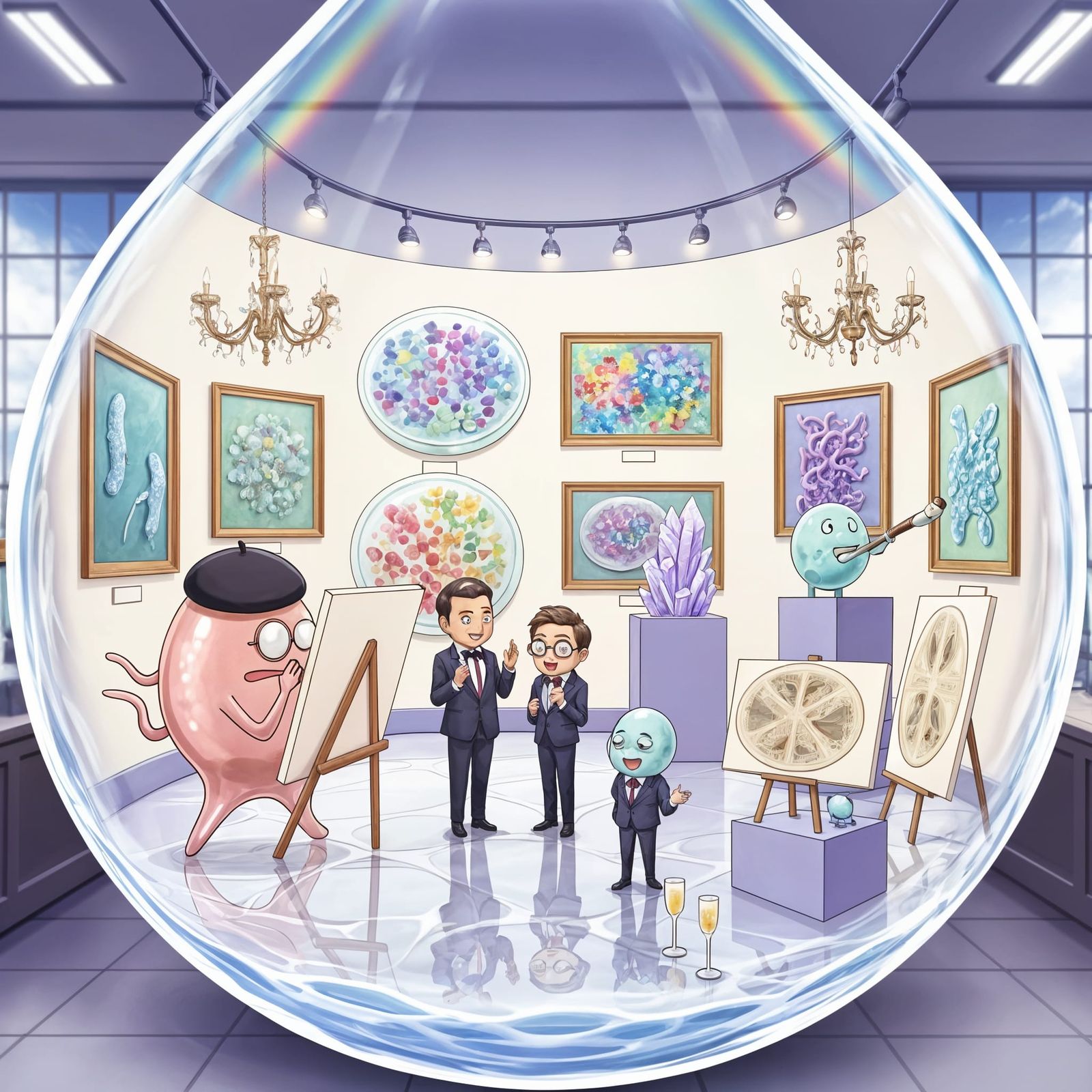 Microscopic Art Gallery in Water Droplet Anime Style