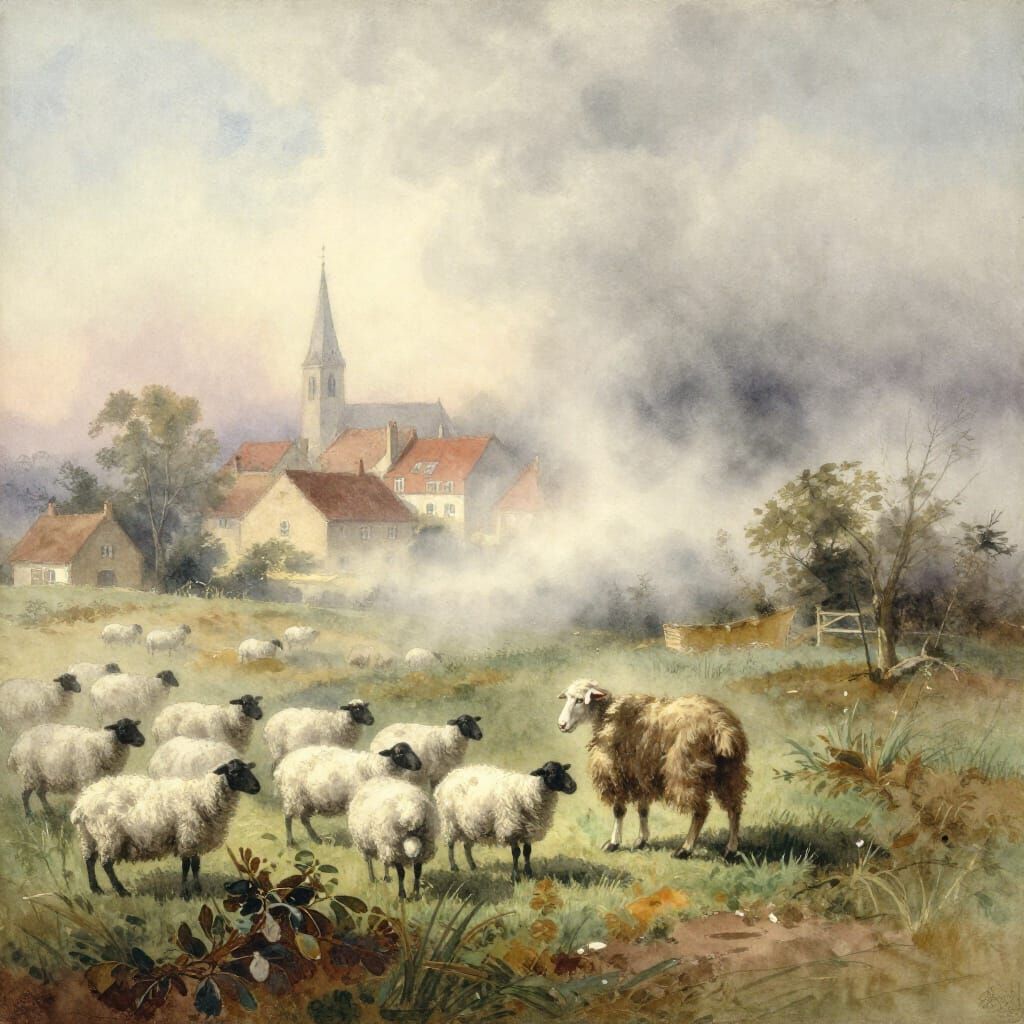19th Century Watercolor of Shepherd Tending Sheep in Misty L...