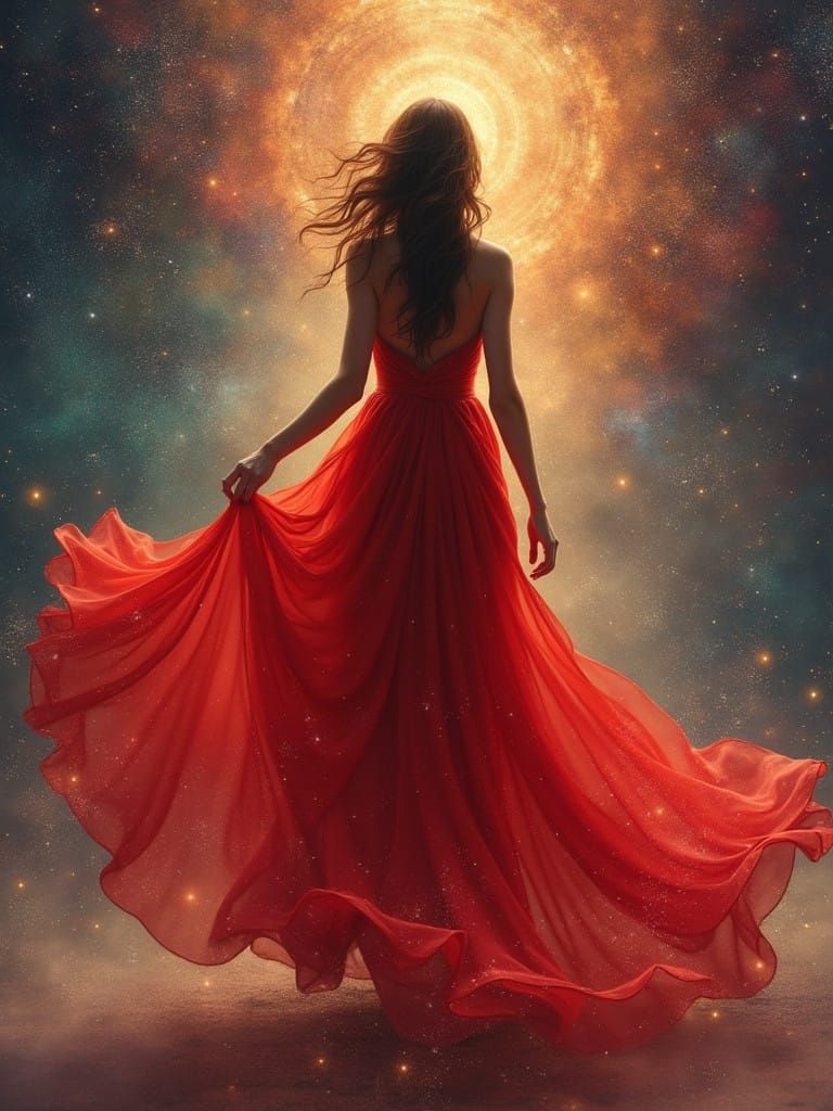 Ethereal Goddess in Crimson Dress