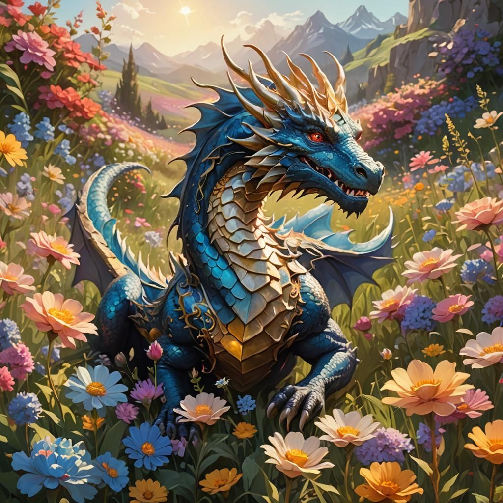 Dragon in Flower Field: Fantasy Concept Art