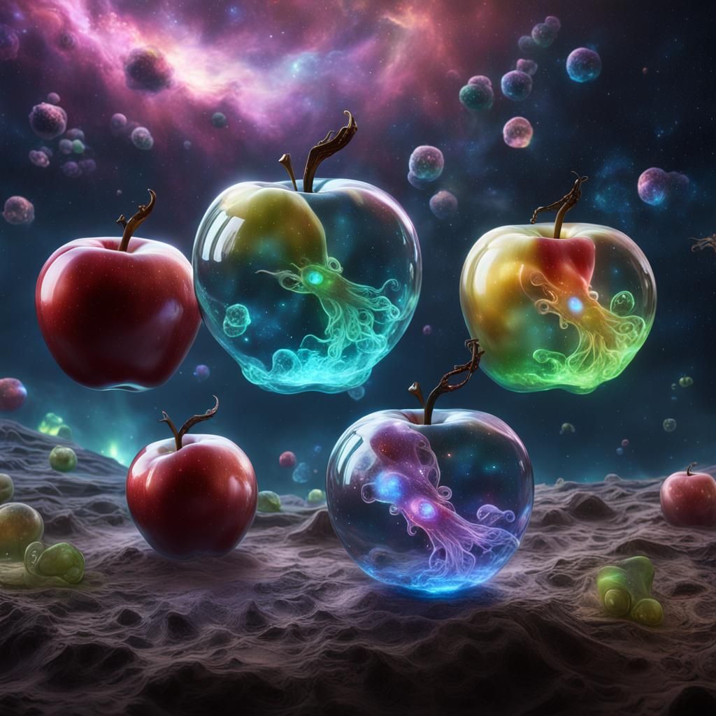 Glass Apples with Glowing Squid in Space
