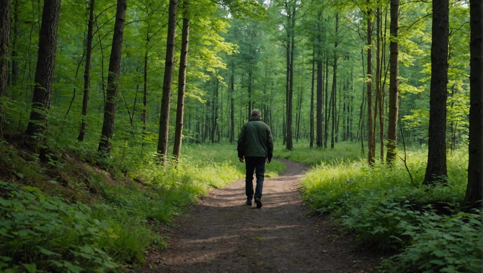 Man Walks Forest Path to Fish