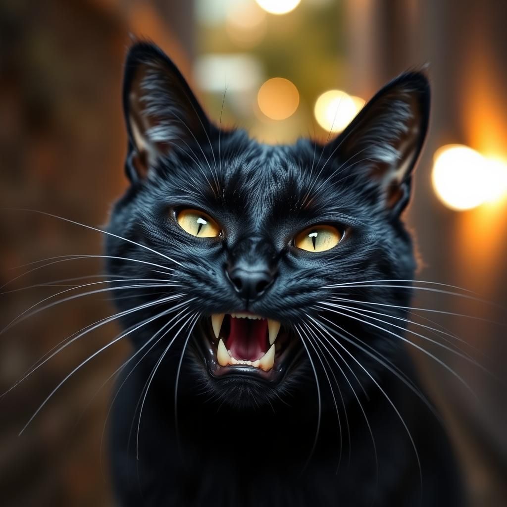 Menacing Black Cat with Fangs in Bokeh Alley