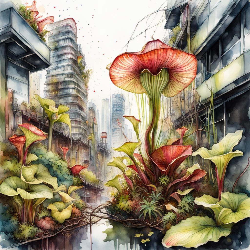 Carnivorous Plant Dominates Neo-Tokyo: Watercolor Art