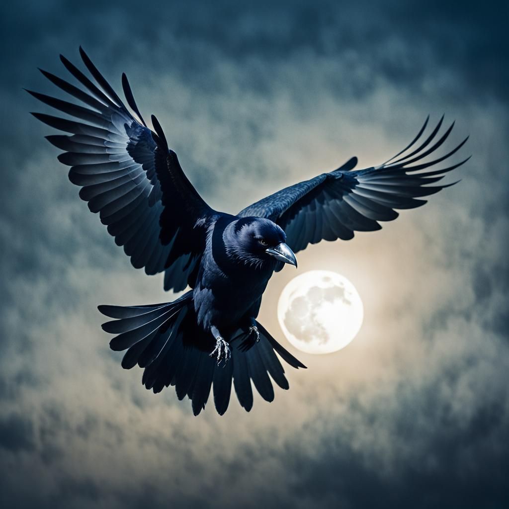 Raven Soaring Through Moonlit Sky: Cinematic Film Still