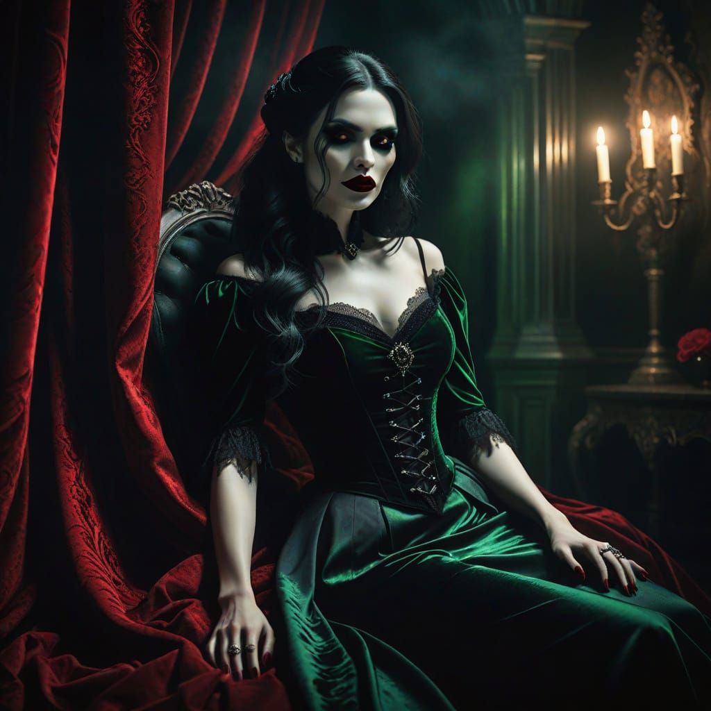 Seductive Gothic Vampire Leans Over Sleeping Victim in Dark ...