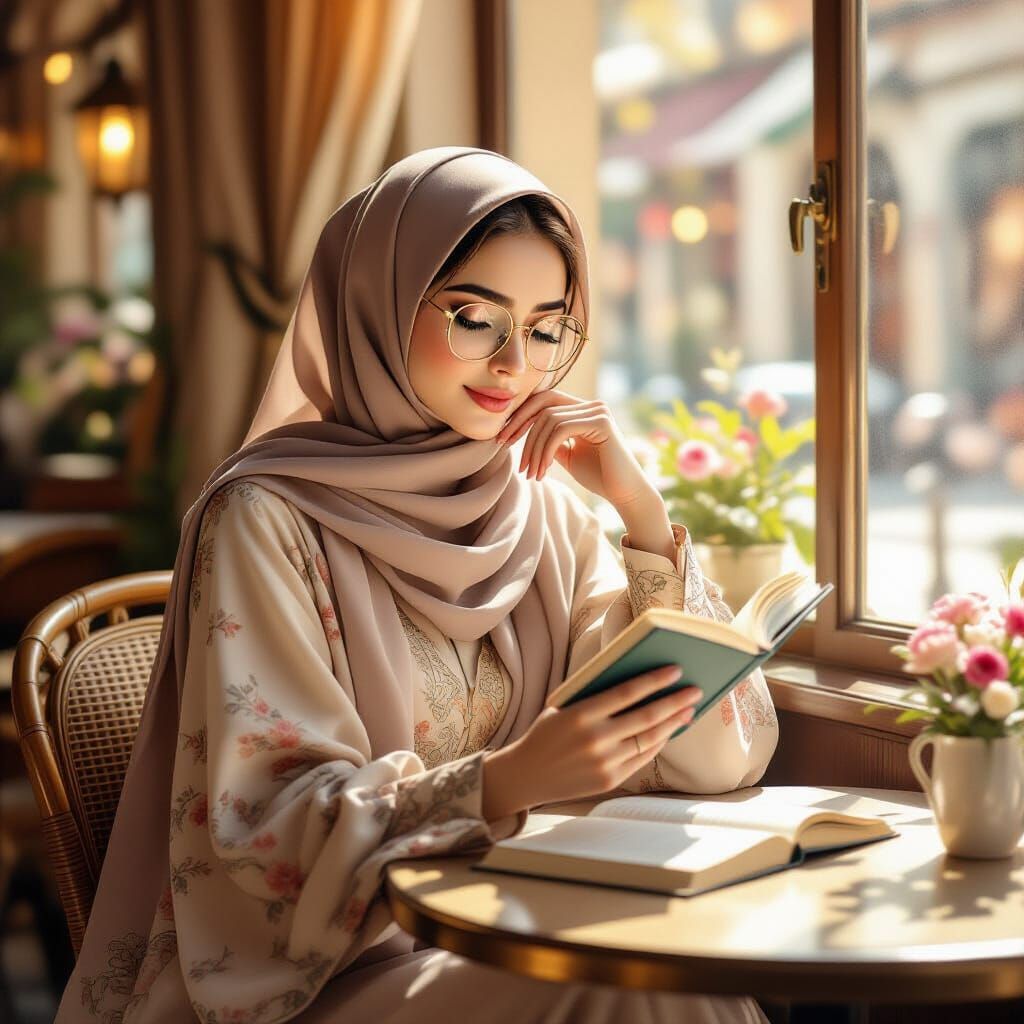 Muslim Woman Reading in Cafe, Impressionist Style