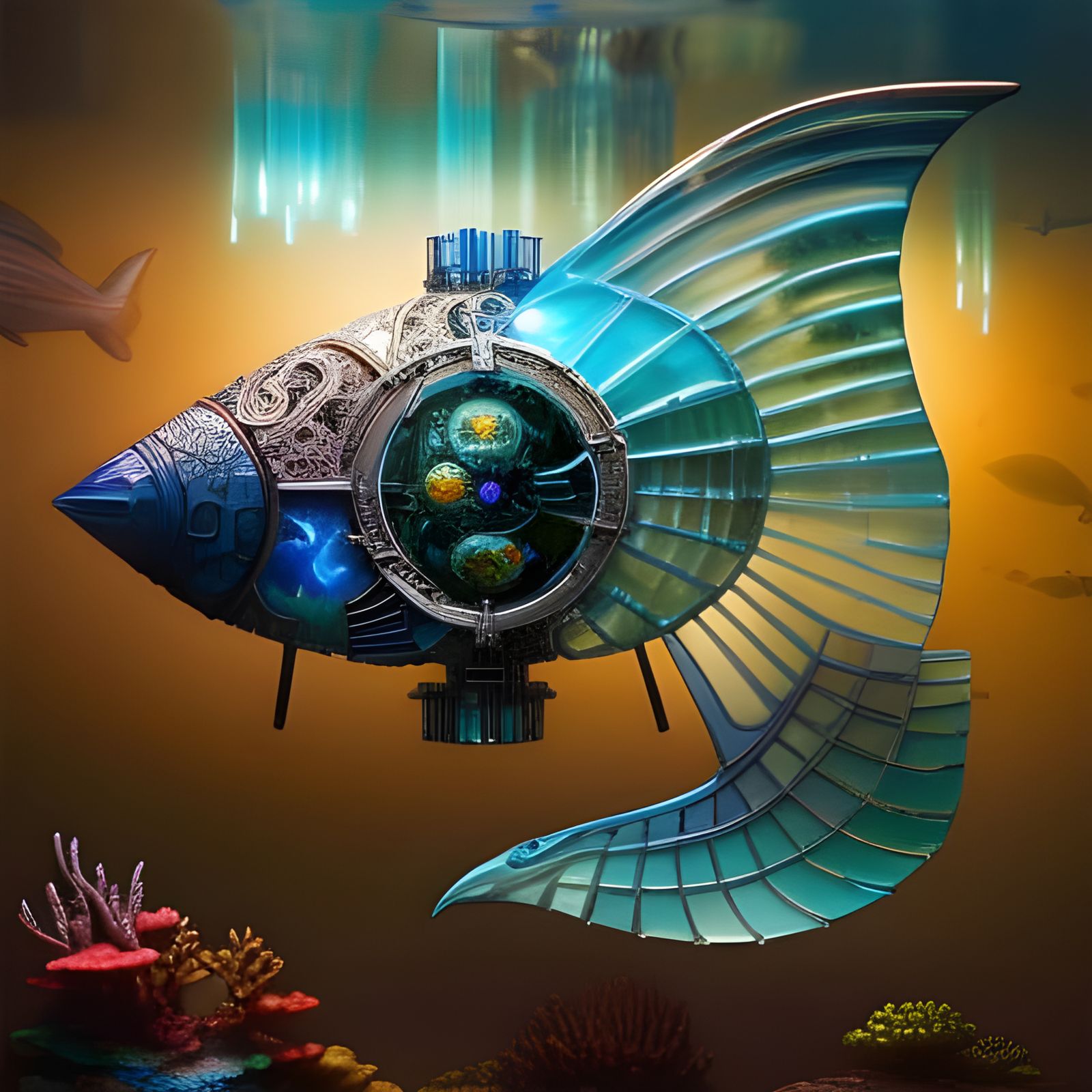 Clockpunk Glass Submarine in Coral Reef