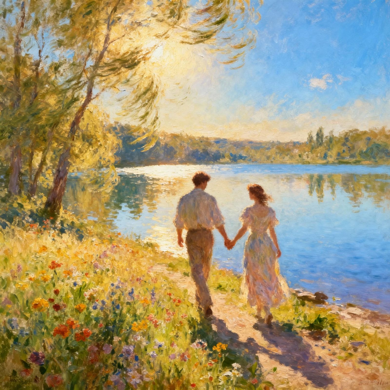 Romantic Couple by Lakeside in Impressionistic Oil Painting ...