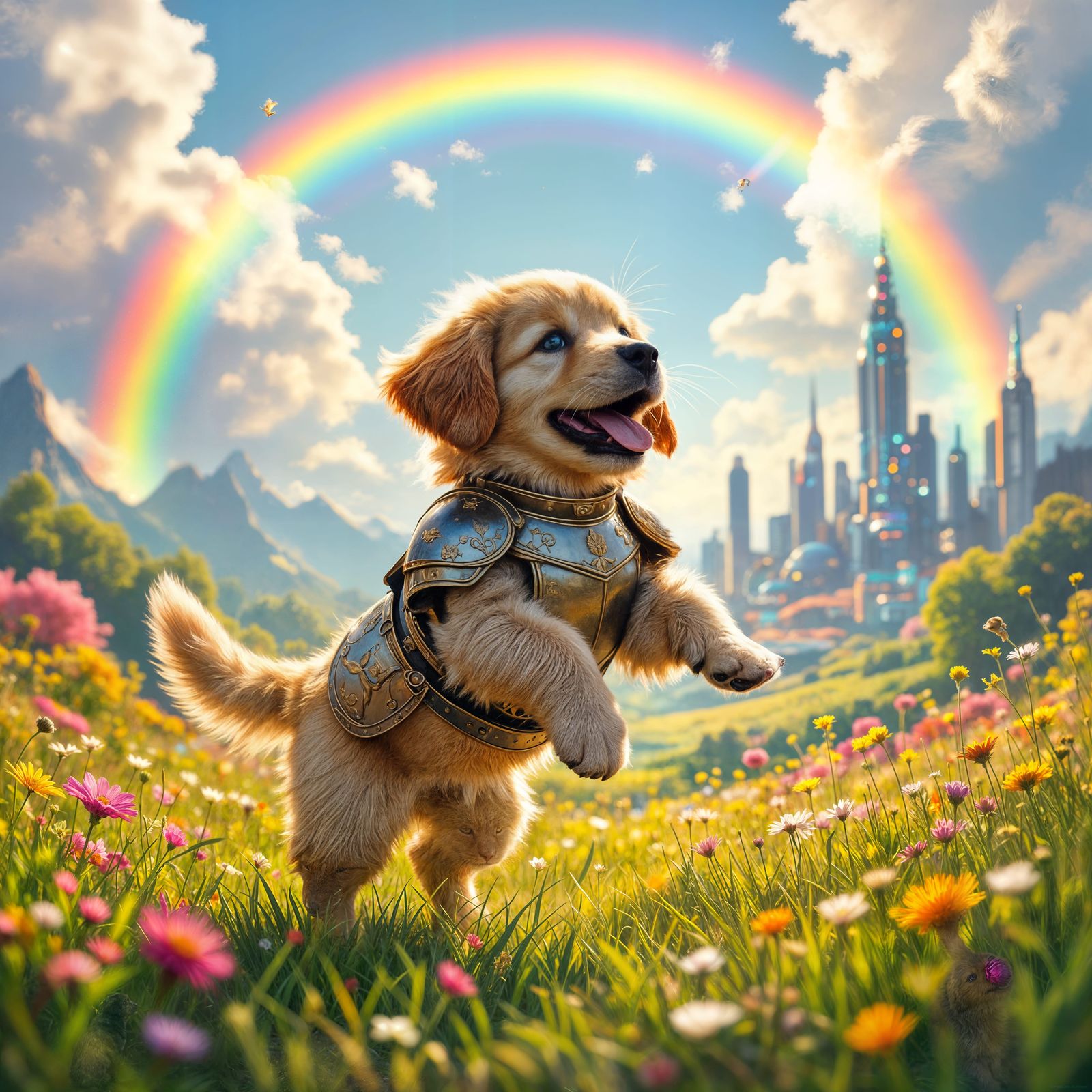 Armored Puppy Leaps Through Rainbow Portal