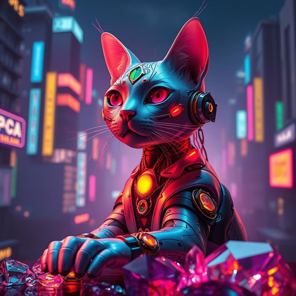Cyberpunk Catbot Queen in Neon Cityscape