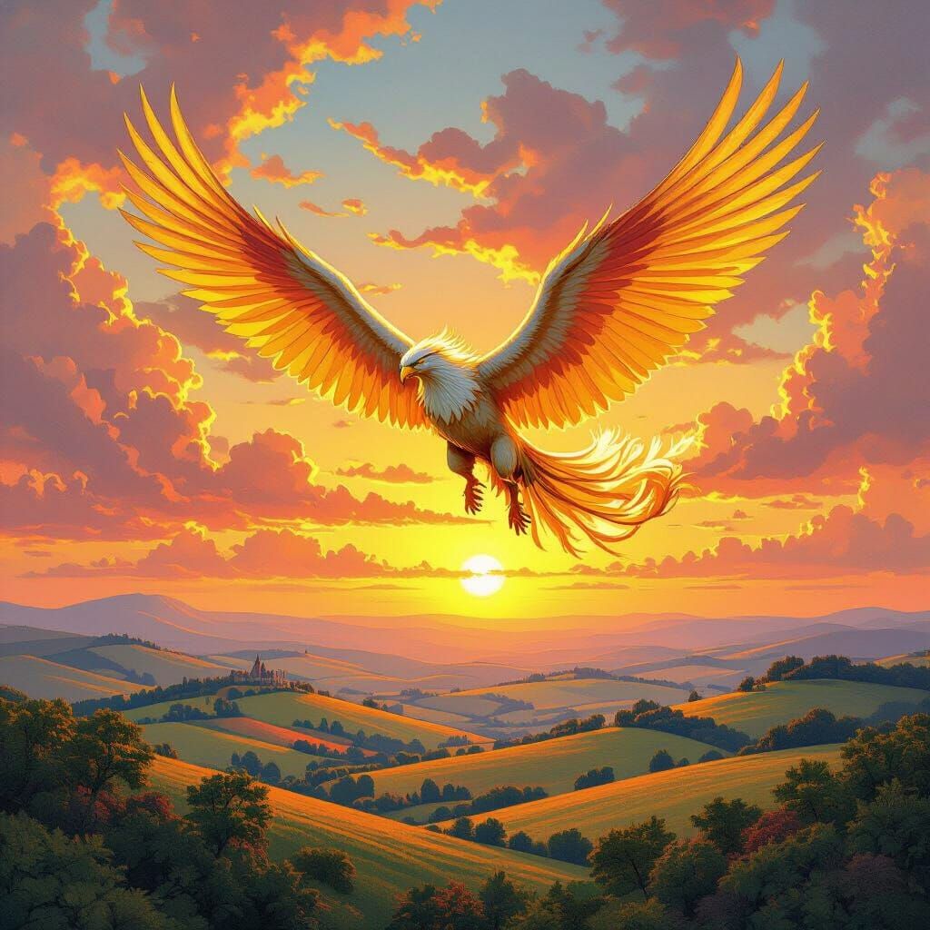 Griffin Soaring Through Sunset Sky in Fantasy Art Style