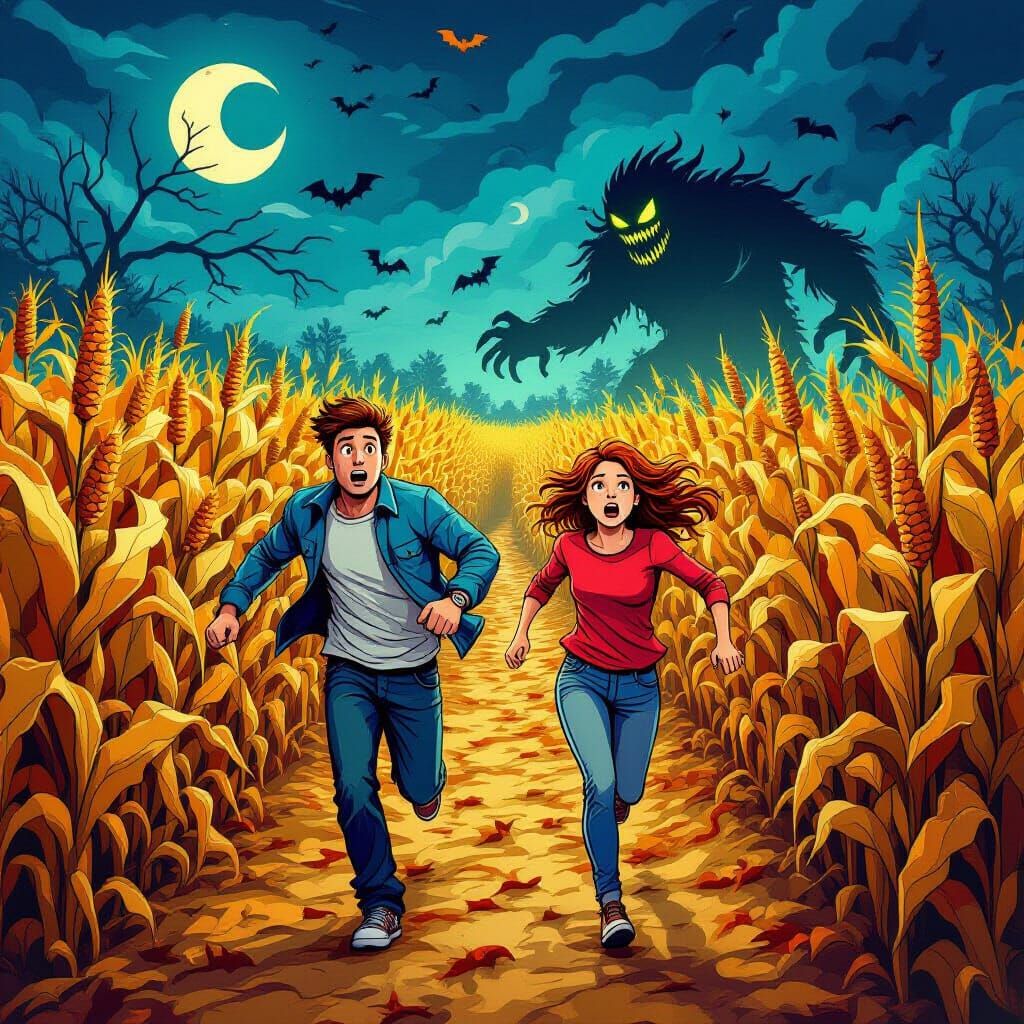 Scared Couple Flees Monster in Haunted Corn Maze