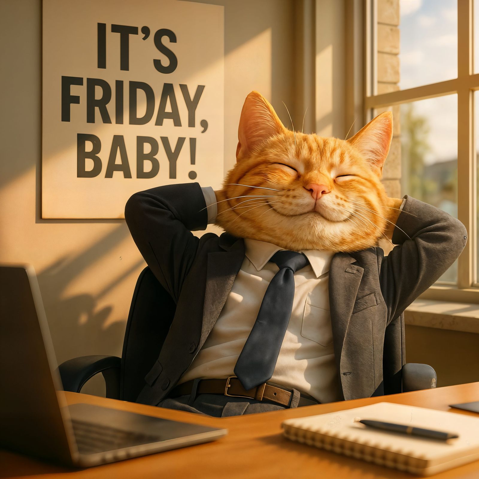 Happy Worker Cat Celebrates Friday in CGI