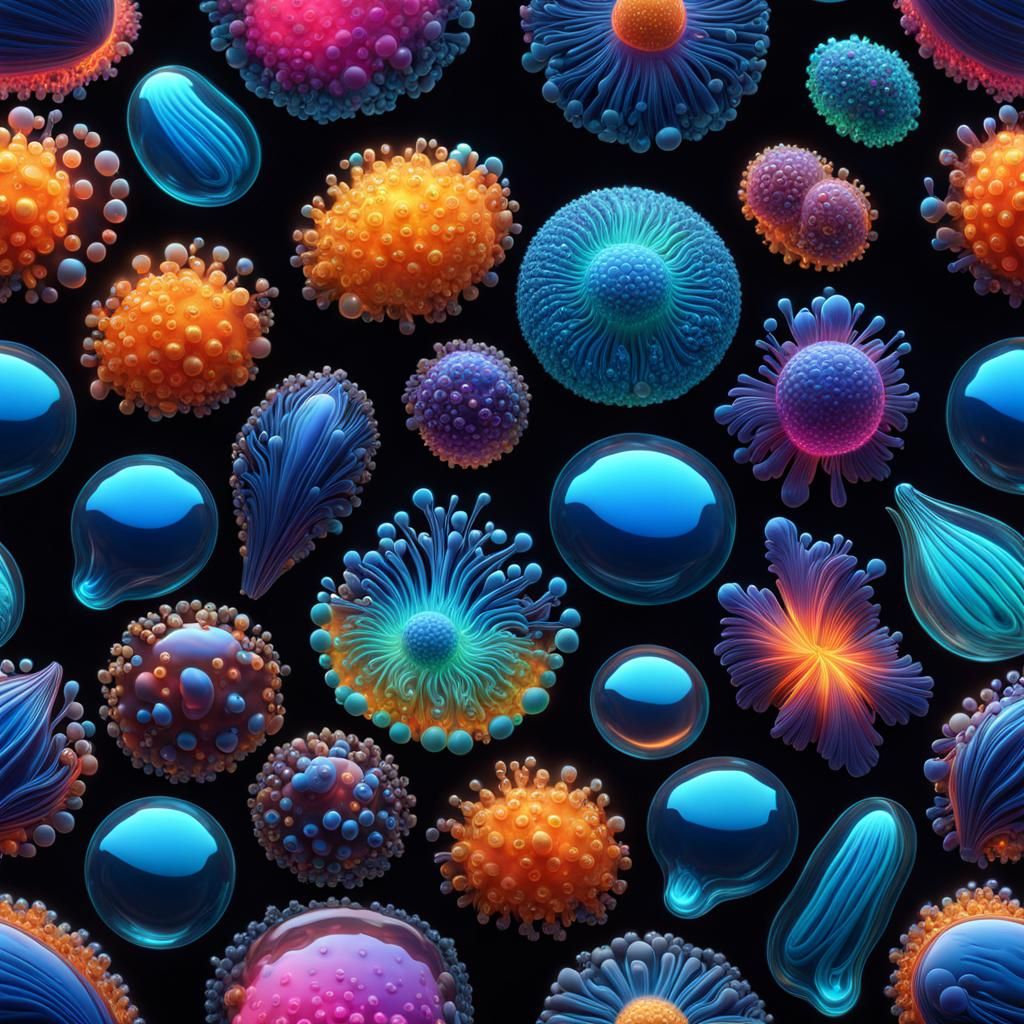 Glowing Microscopic Glass Amoebas in Digital Painting Style