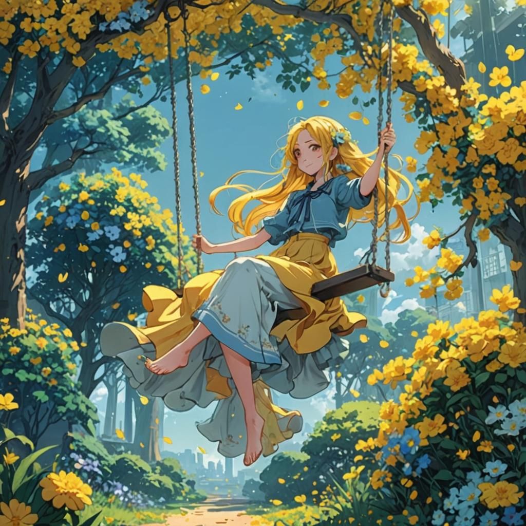 Girl on Swing Surrounded by Flowers in Anime Style