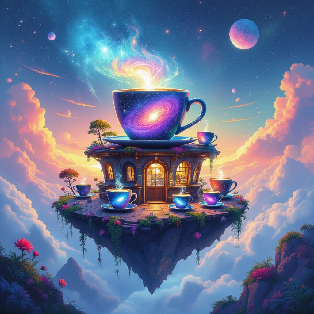 Surreal Floating Island Café with Galactic Coffee Cups
