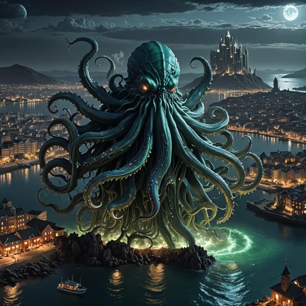 Cthulhu Emerges from the Deep at Night