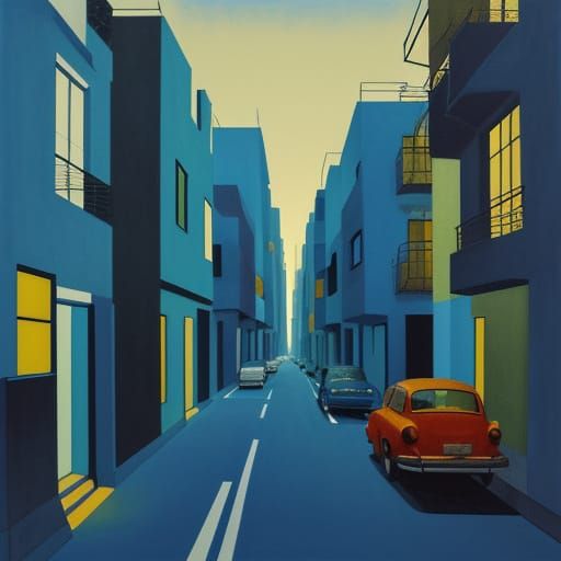 Abstract Urban Avenue Painting with Blue Shadows