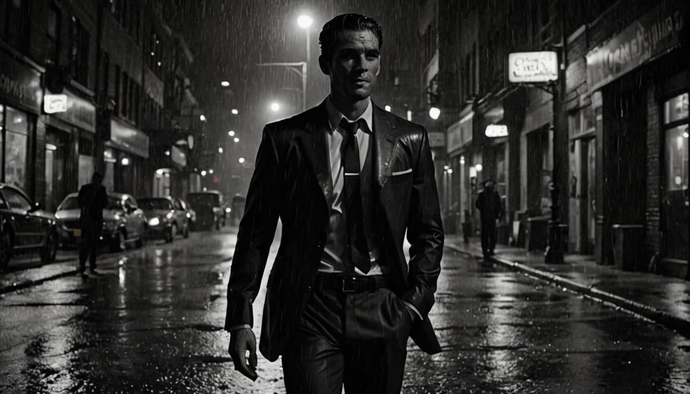 Film Noir: Lean Man in Rain with Cigar