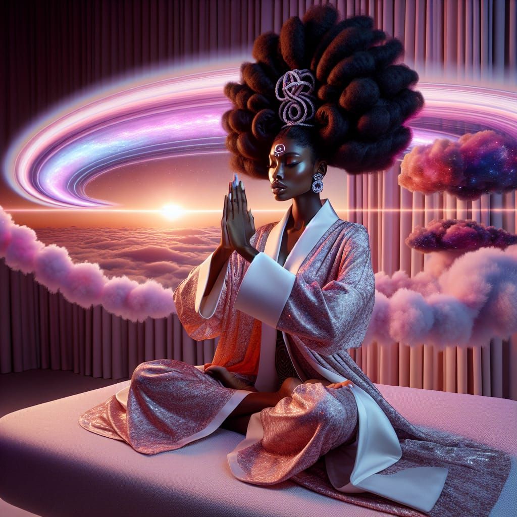 Goddess in Prismatic Sunrise Practicing Ganesh Mudra