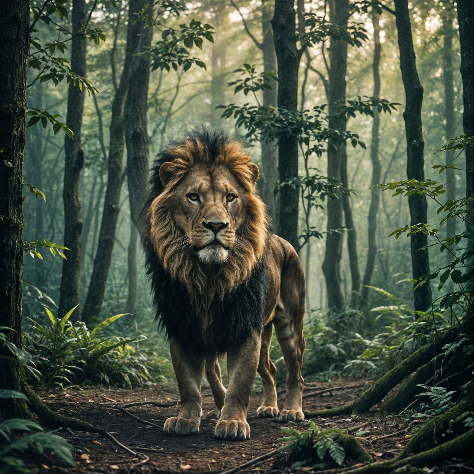 Man-Lion Creature in Forest: Cinematic Film Still