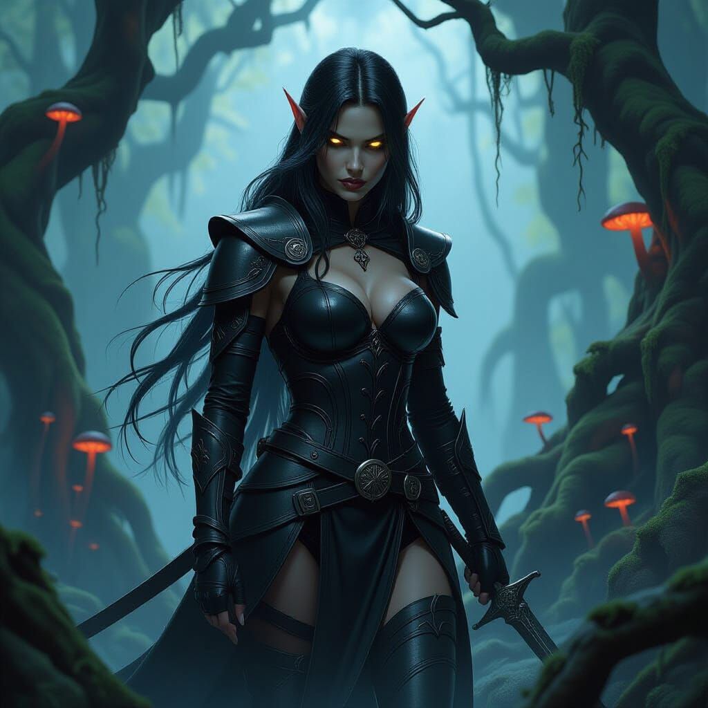 Drow Huntress in Dark Forest, Dramatic Fantasy Art