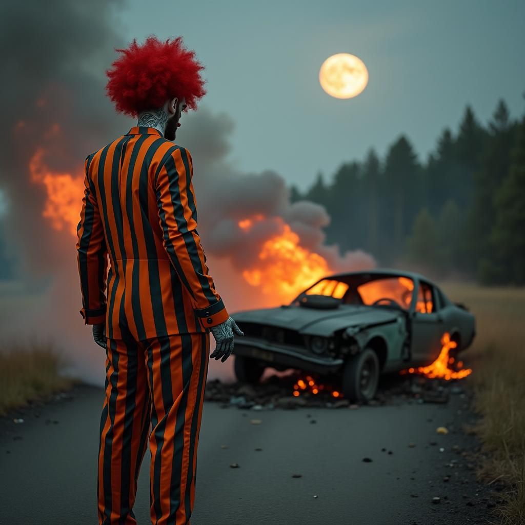Menacing Clown Views Car Wreck in Golden Hour