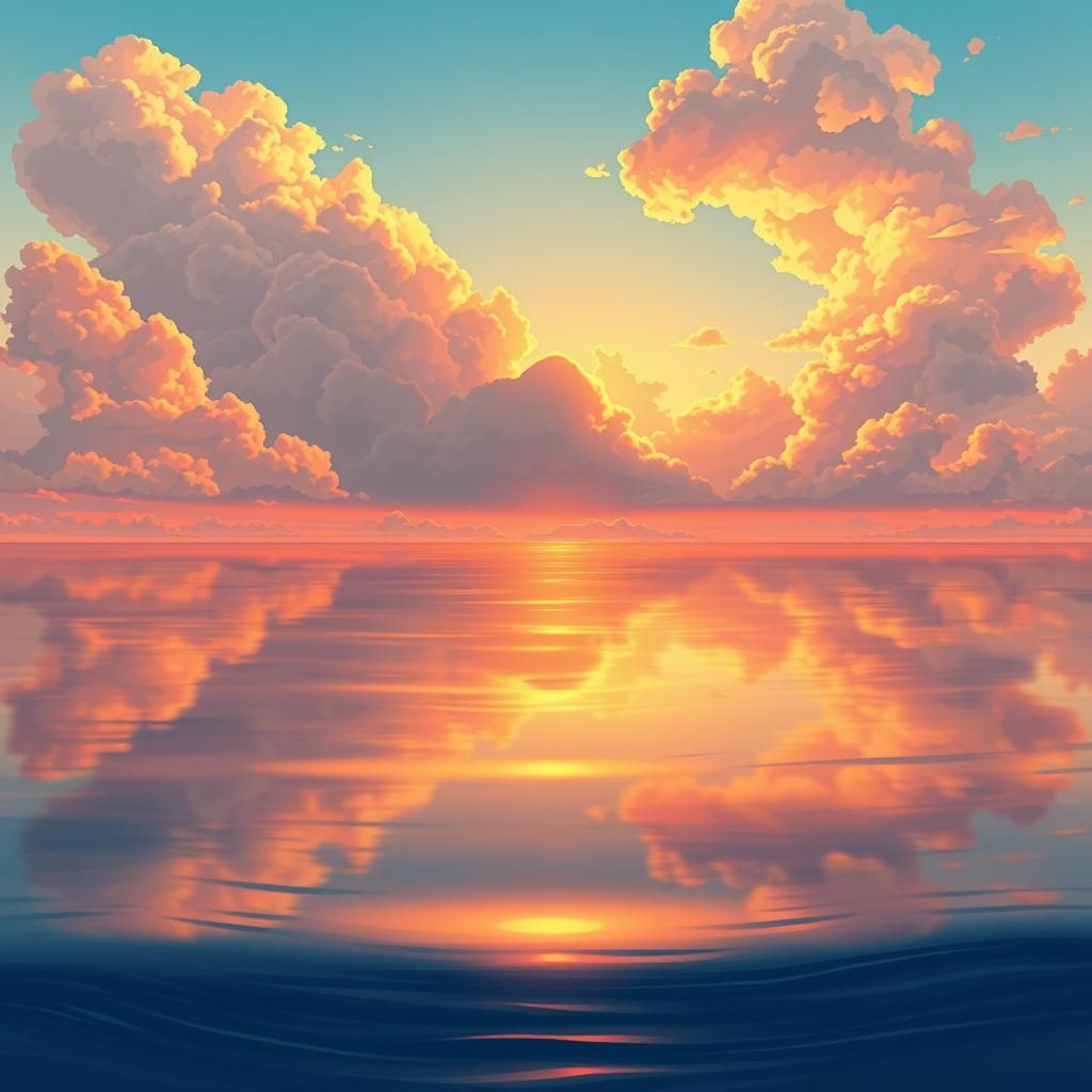 Golden Hour Ocean Reflection in Anime Style