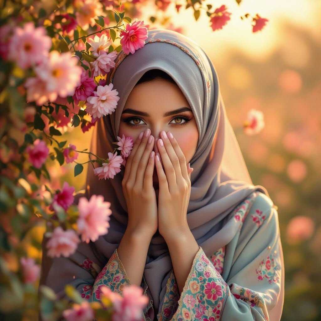 Woman in Abaya and Hijab Hides Face with Flowers in Golden H...