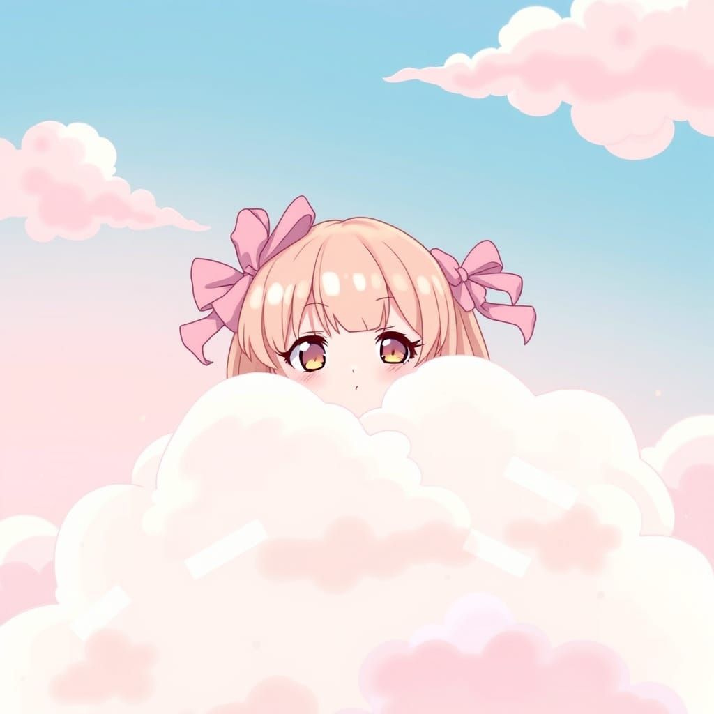 Cute Anime Girl Peeking From Fluffy Cloud