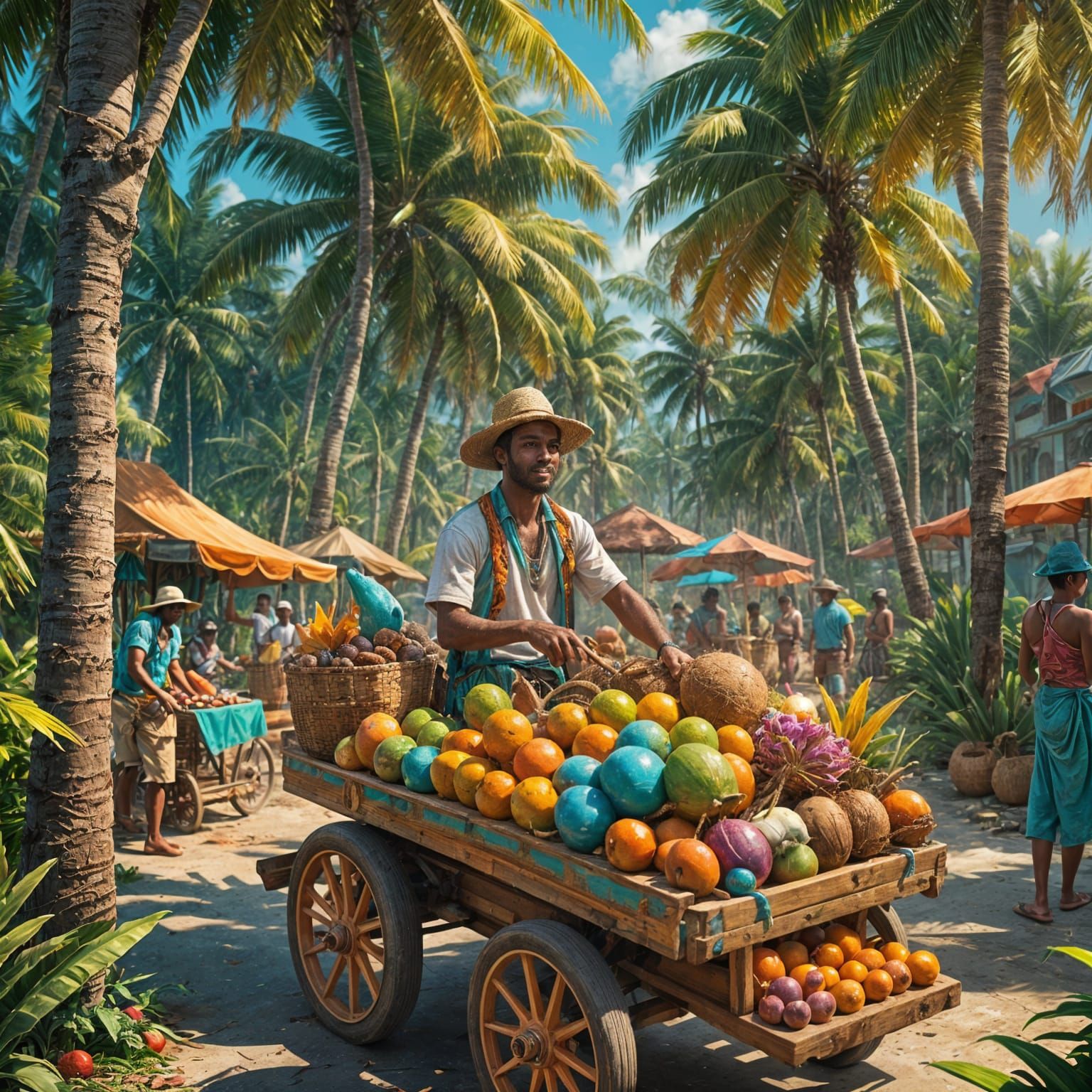 Tropical Carnival: Coconut Vendor Serving Masqueraders