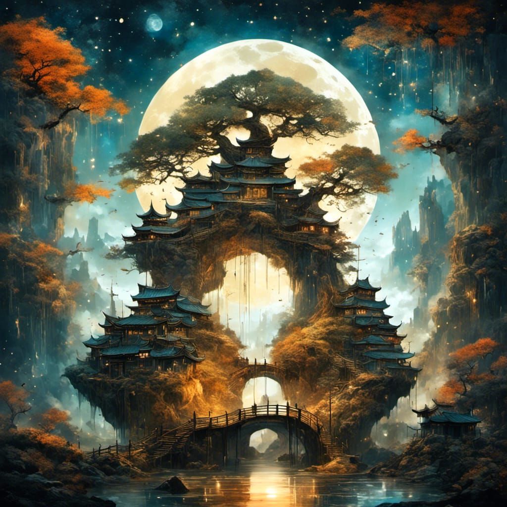 Surreal Anime Bonsai Village in Clockpunk Style