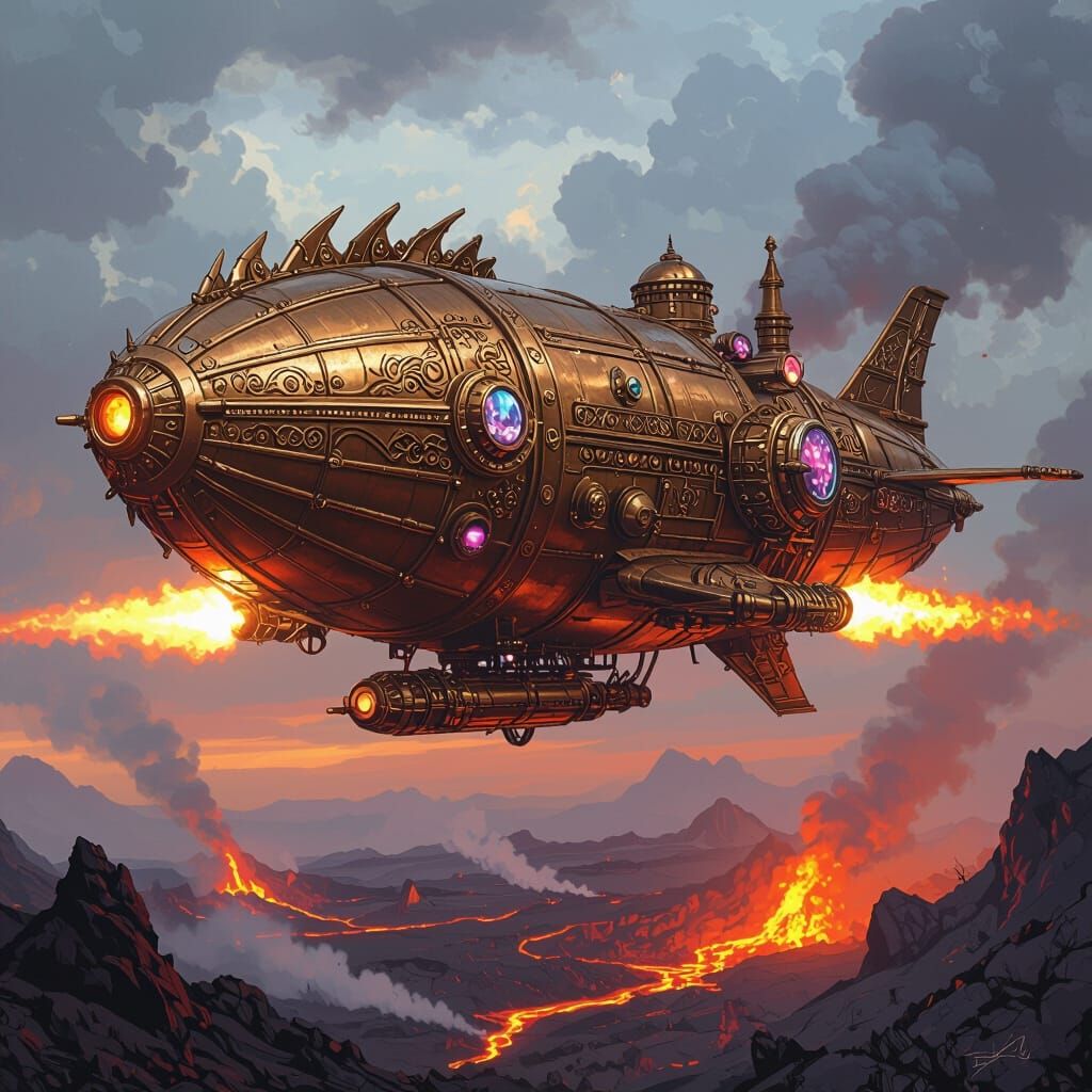 Steampunk Dragon Airship Soaring Over Volcano
