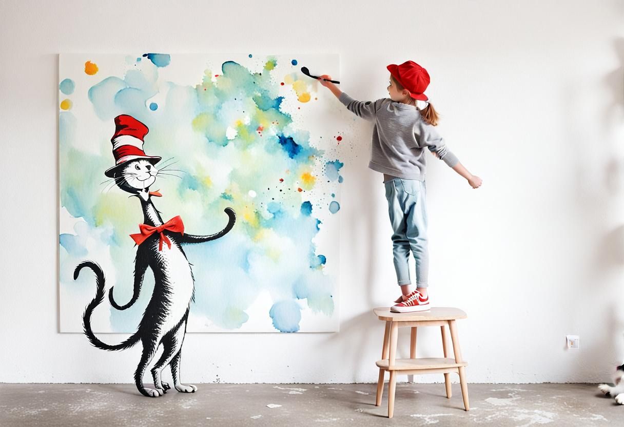 Whimsical Painting of Girl and Cat in Hat