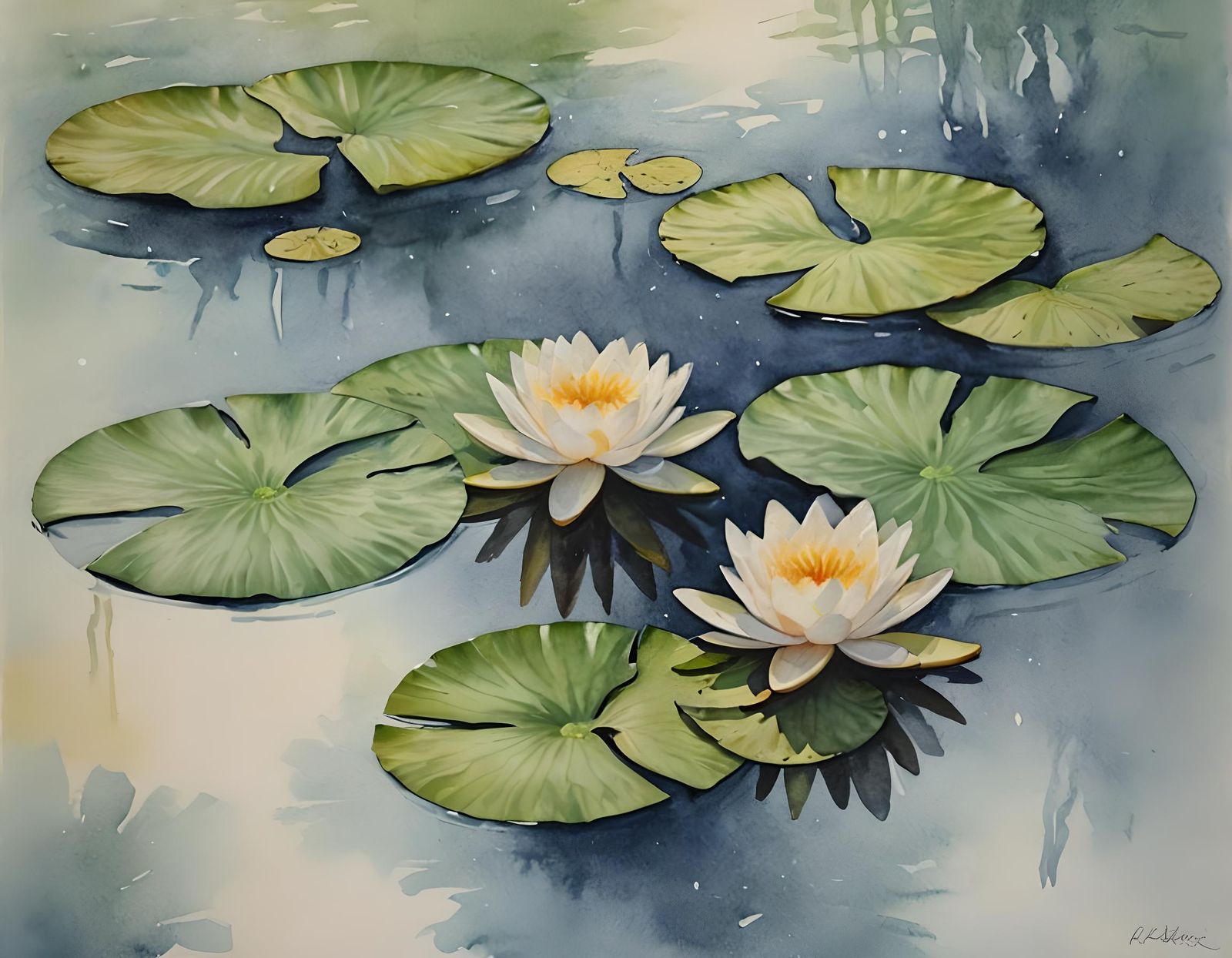 Watercolor Water Lilies Centered Composition