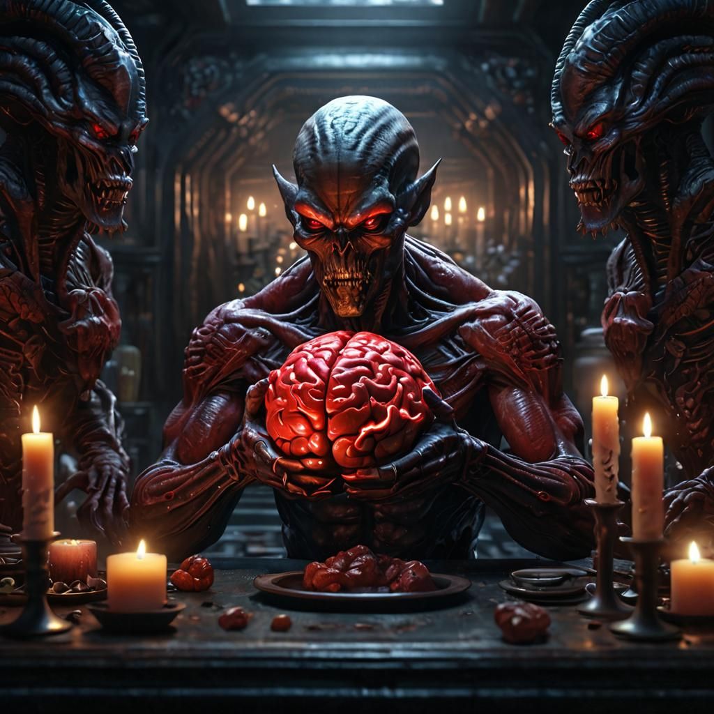 Alien Demon with Brains in Maximalist Style