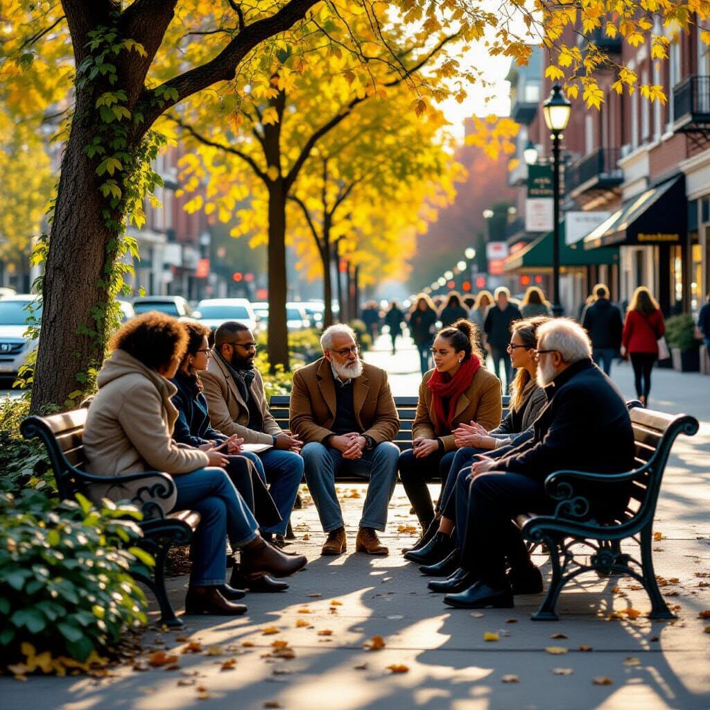 Citizens Debate on City Sidewalk in Golden Light