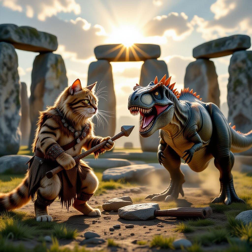 Neanderthal Cat Taunts T-Rex at Stonehenge