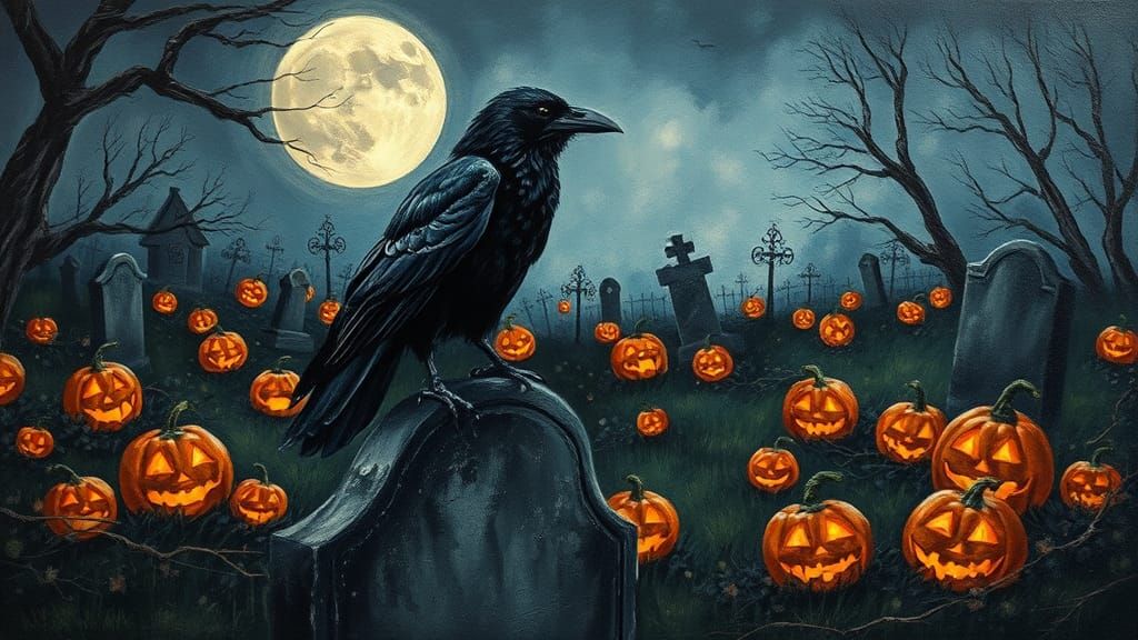 Raven in Graveyard: Neo-Impressionist Oil Painting