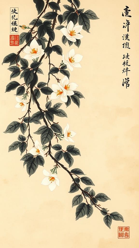Ethereal Jasmine Vine in Vintage Chinese Ink Style