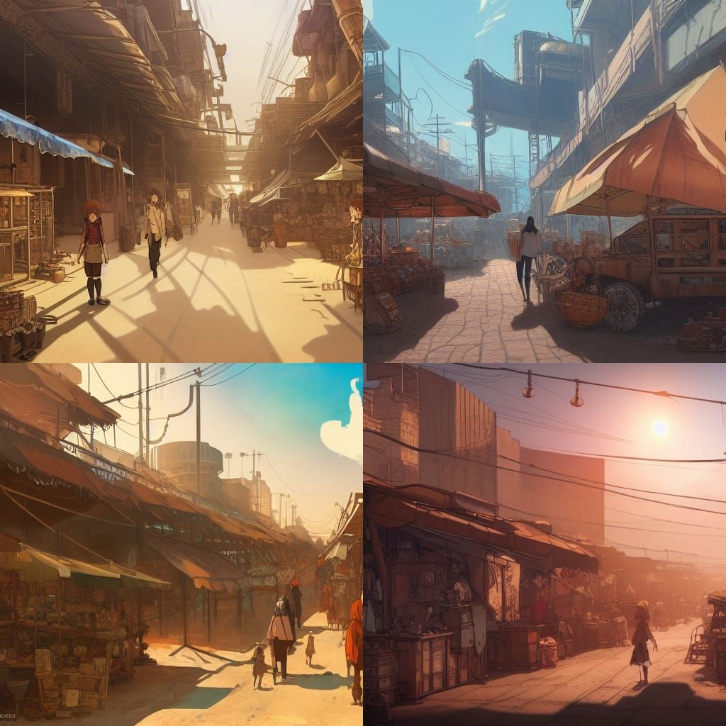 Steampunk Post-Apocalyptic Desert Market in Anime Style
