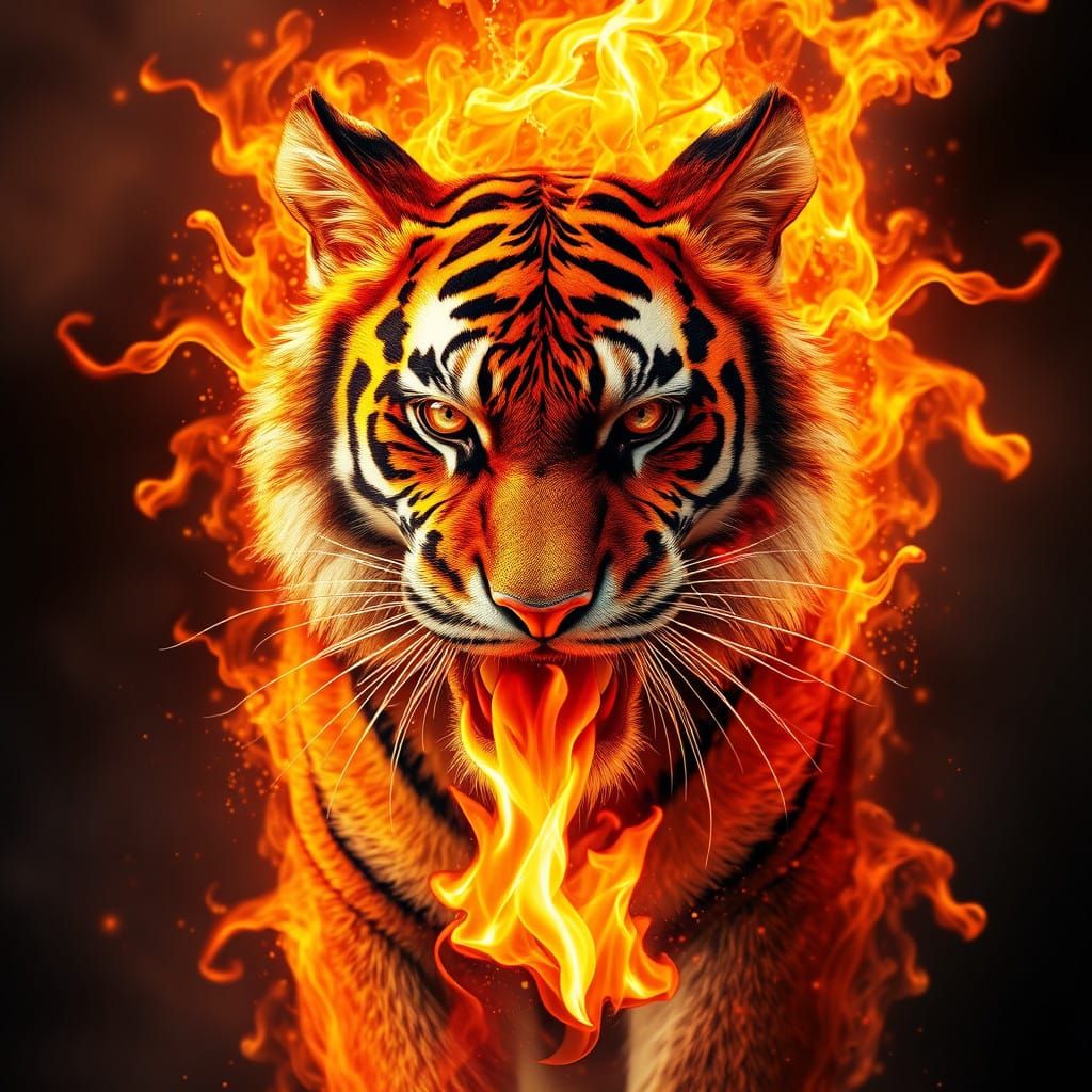Fiery Tiger Emerges from Blazing Inferno in Hyperrealistic A...