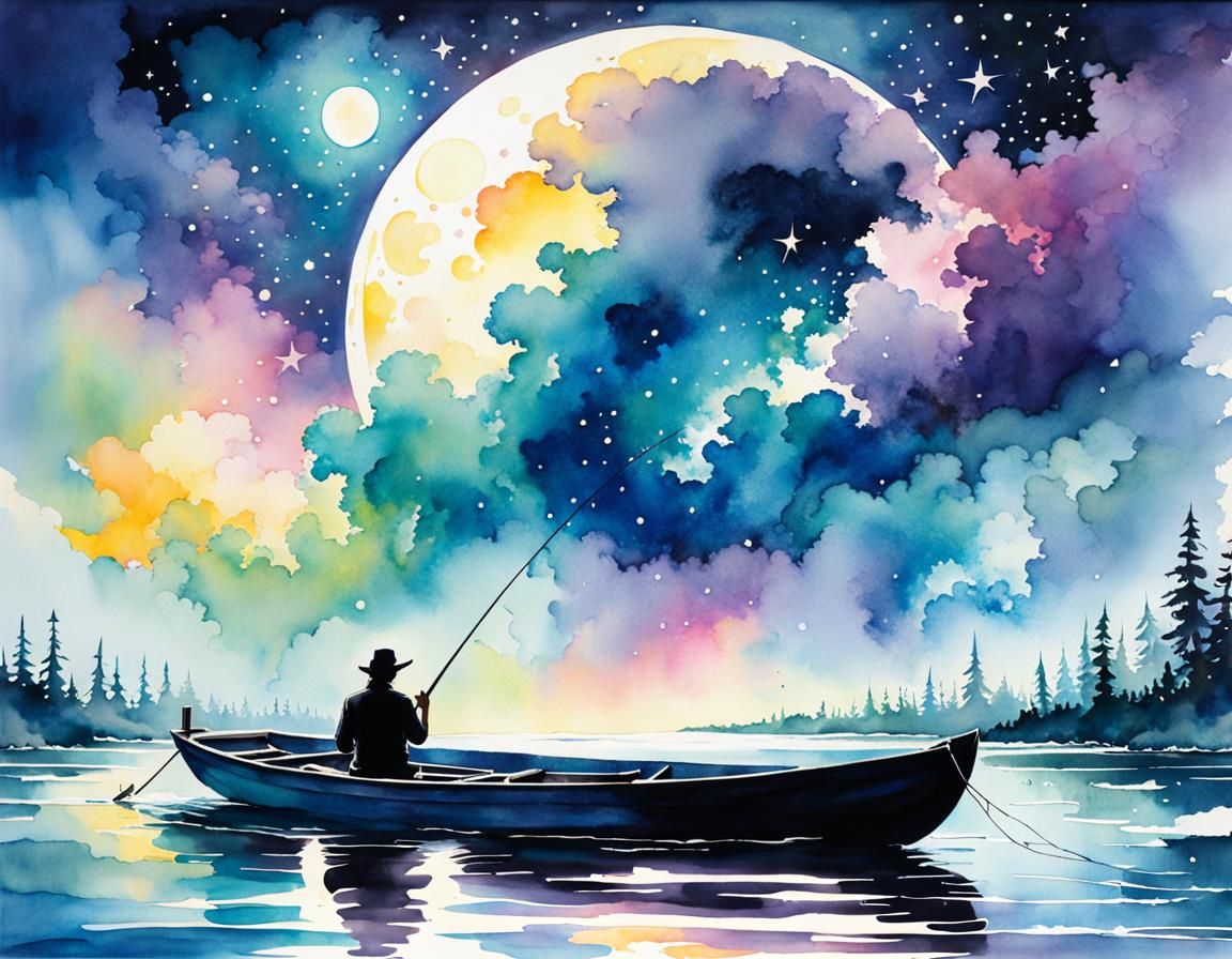 Serene Moonlit Fisherman in Watercolor Splash Art