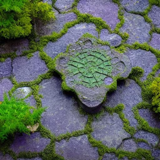 Futuristic Violet Among Mossy Stones in Sci-Fi Style
