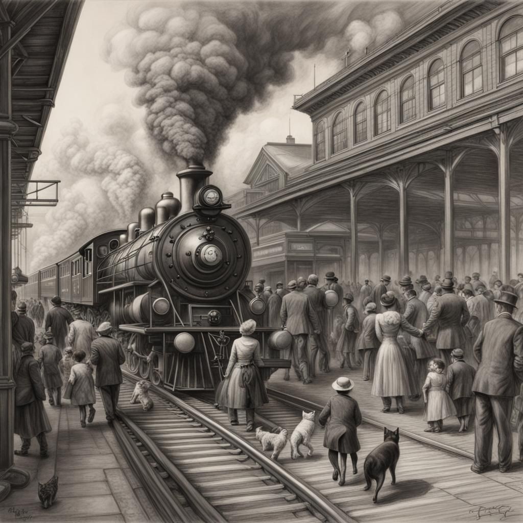 Detailed Charcoal Drawing of Steam Train Arrival