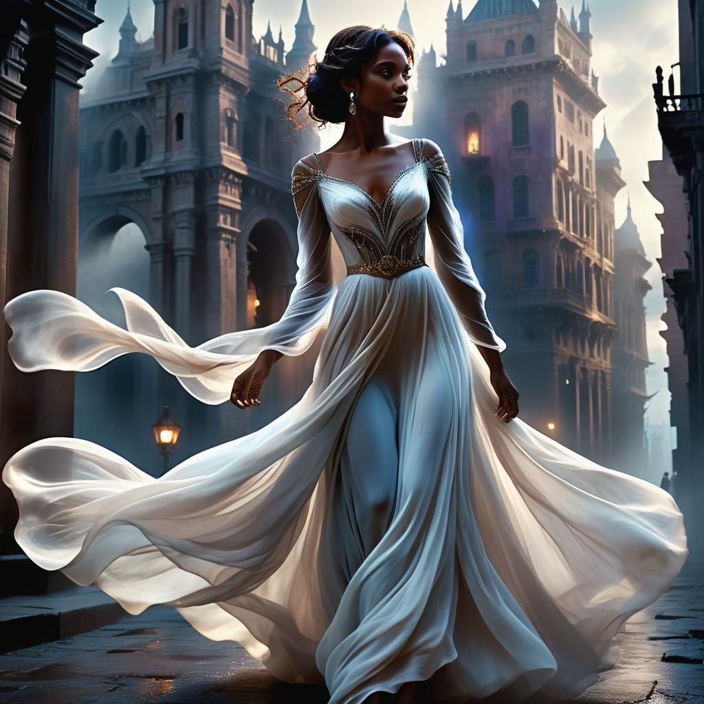 Regal Woman Enters Dark City: Cinematic Digital Art