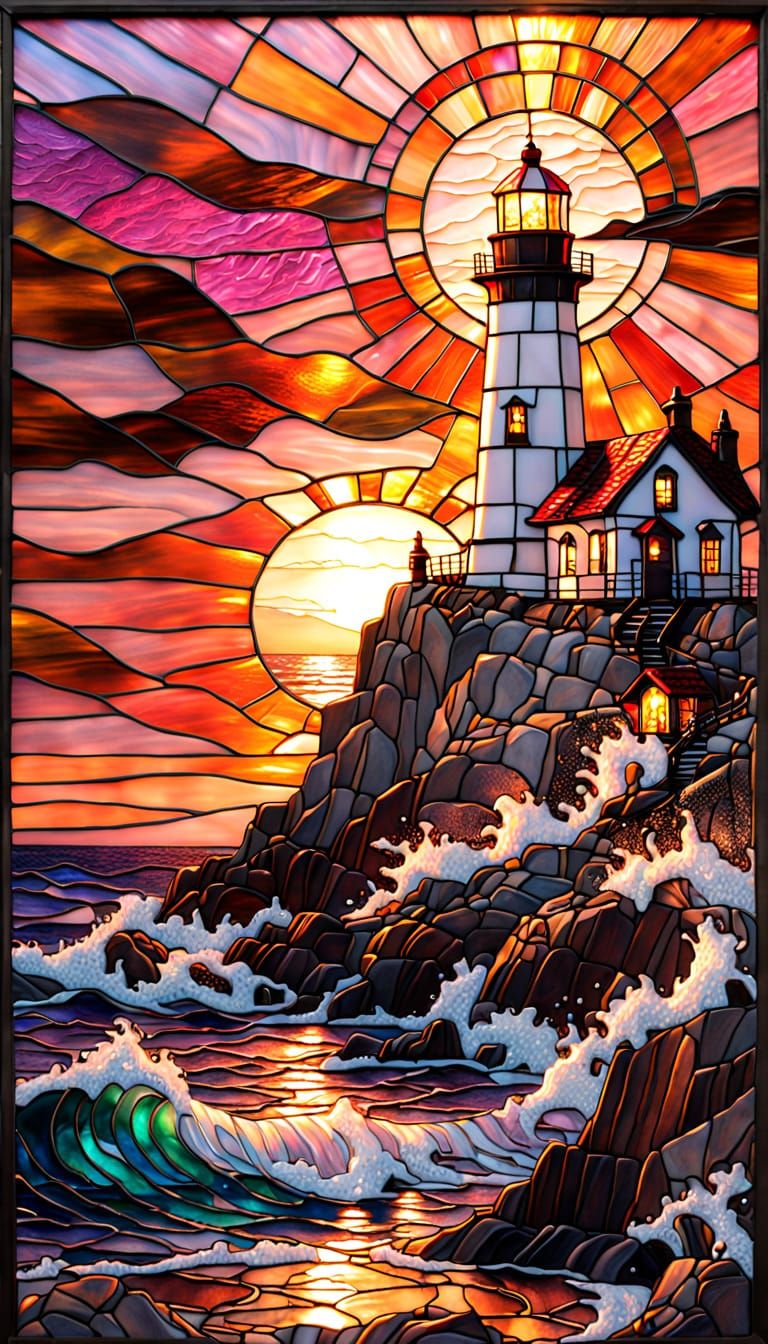 Lighthouse at Sunset in Stained Glass Style