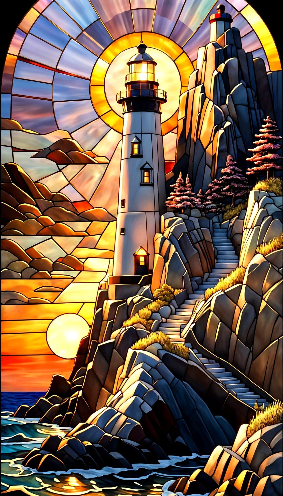 Stained Glass Lighthouse Sunset: A Glass and Metal Sculpture