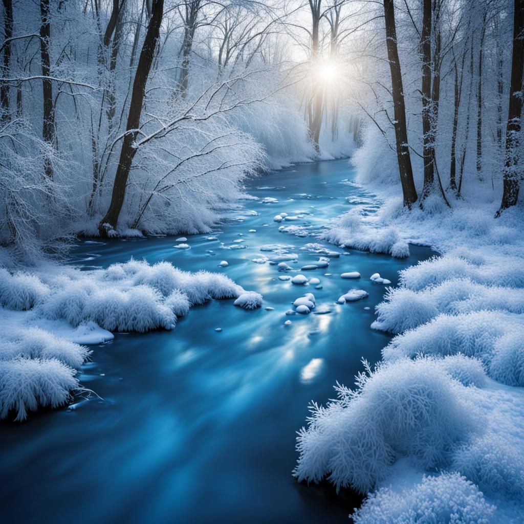 Winter River Freezing Over with Frost Fairies